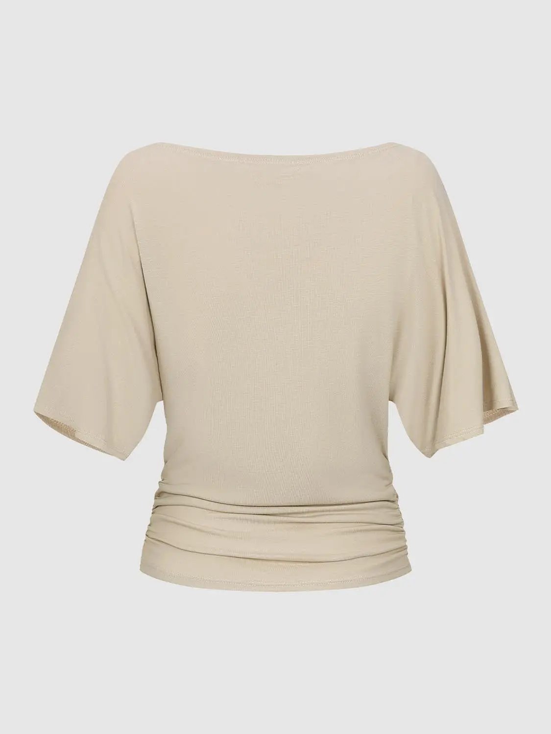 Draped Short Sleeve Ruched Waist T-shirt in beige.