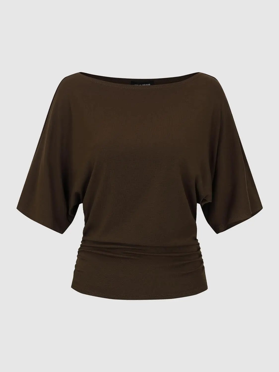 Draped short-sleeve ruched-waist T-shirt in rich brown with wide, draped sleeves.
