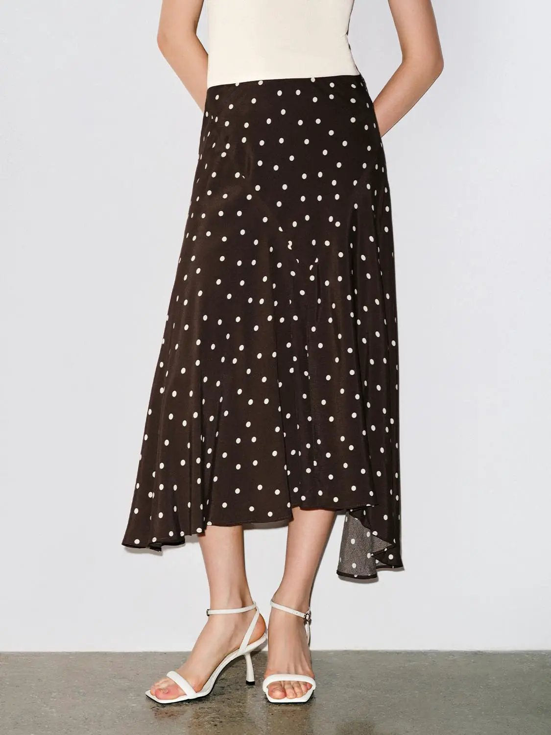 Polka dot asymmetric-hem maxi wrap skirt in brown with white dots, Urban Revivo Fashion