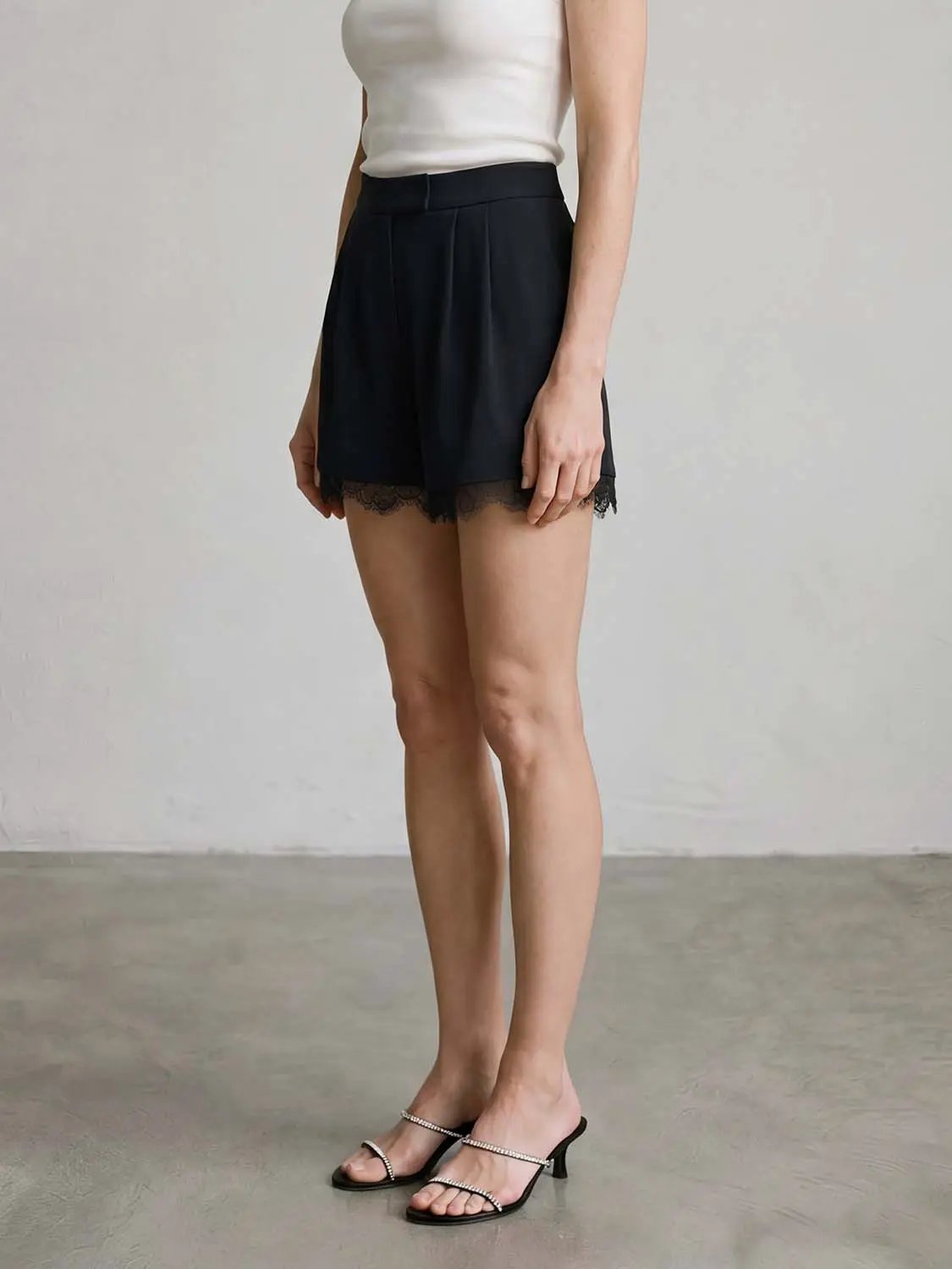 Lace Trim Shorts in black fabric with scalloped lace hem, women's shorts.