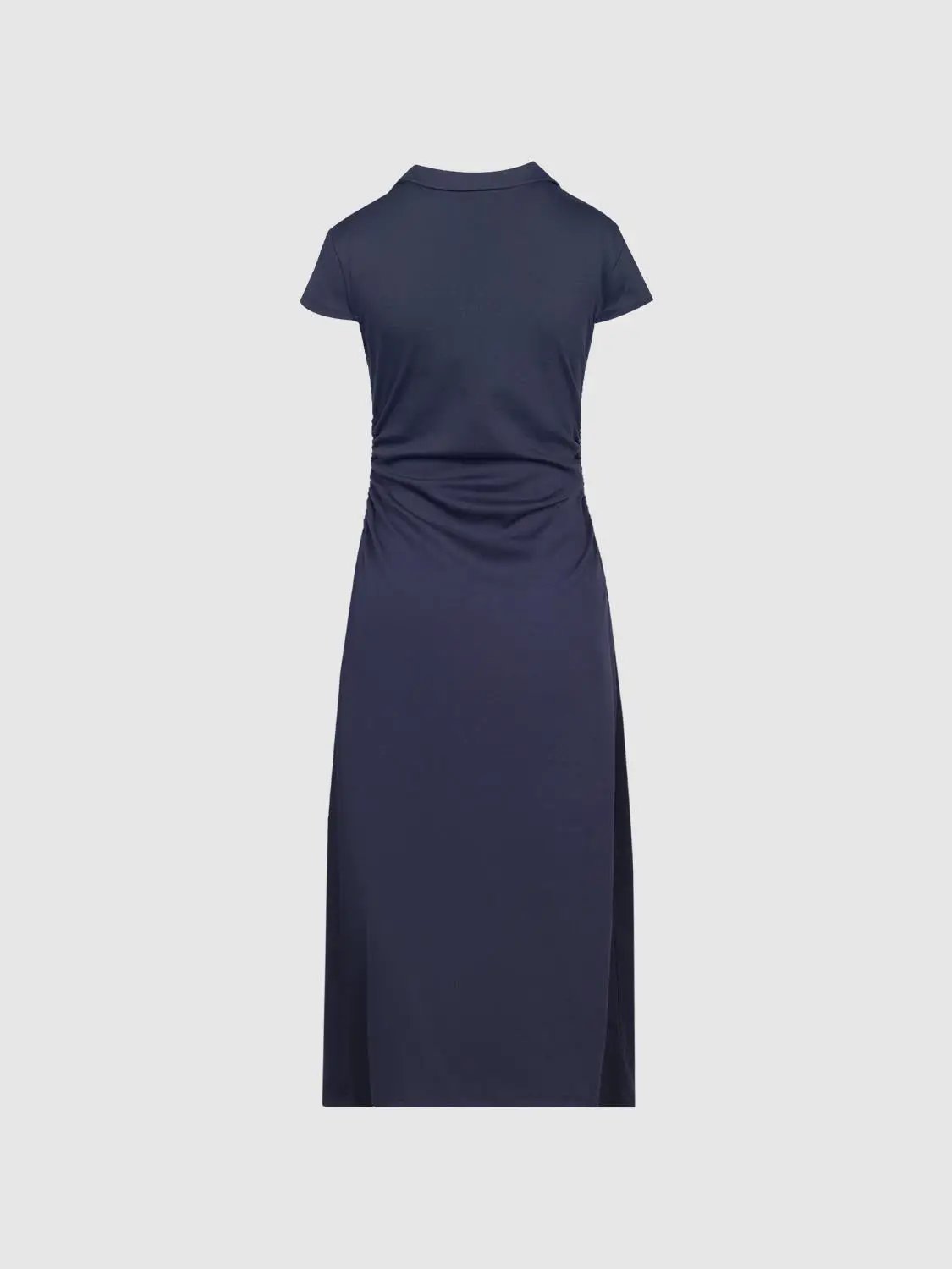 A-line maxi dress in navy cotton-poly blend with ruched detailing, back view