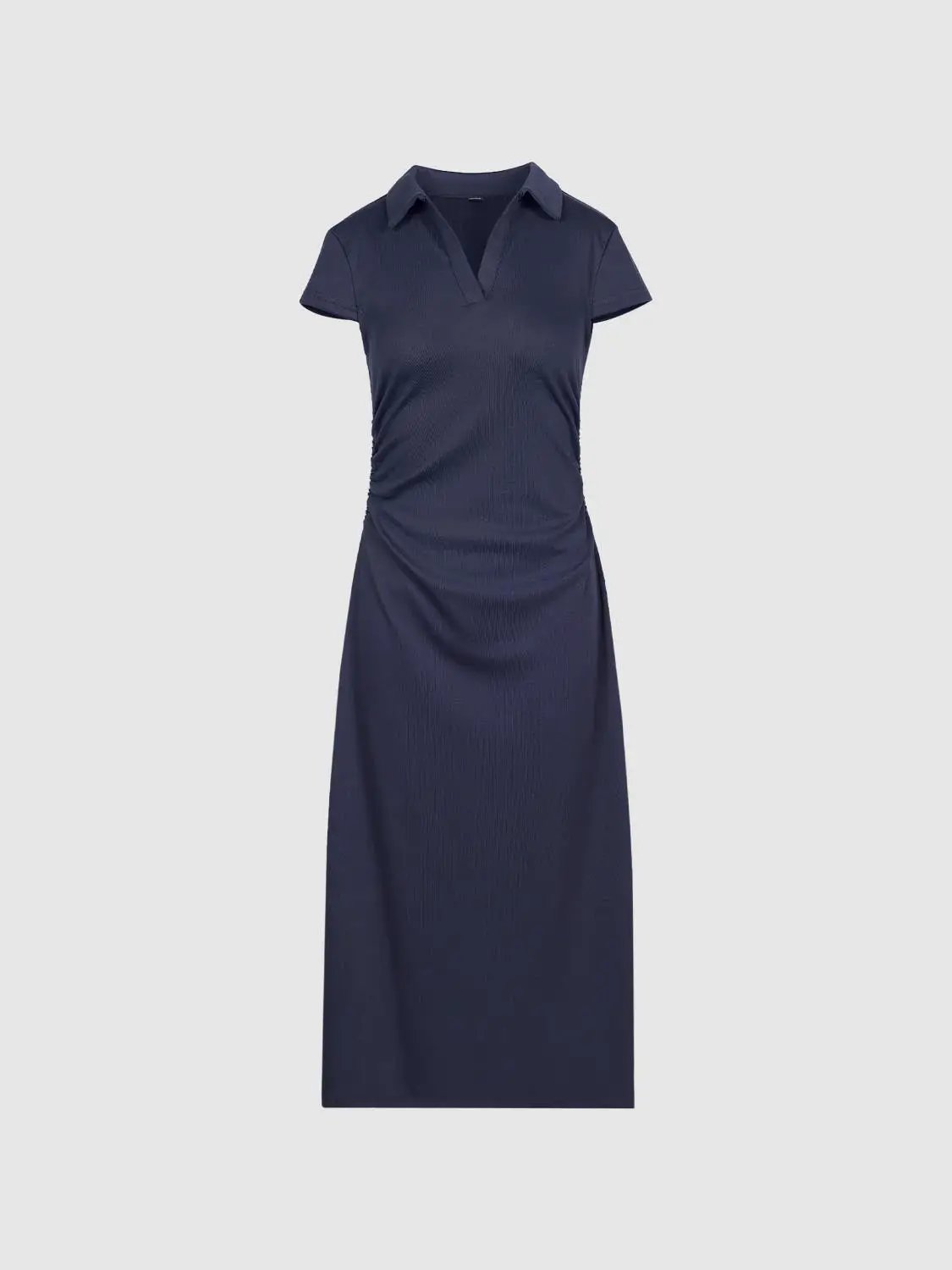Ruched A-line maxi dress in navy cotton-poly blend with short sleeves