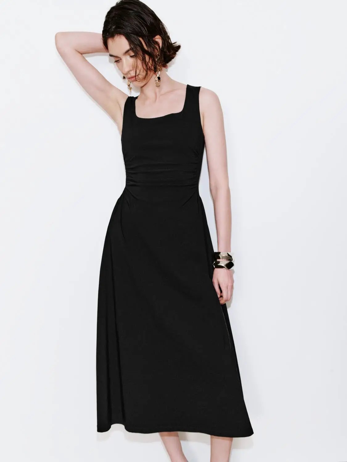 U-Neck Ruched Waist A-Line Midi Dresses by Urban Revivo Fashion