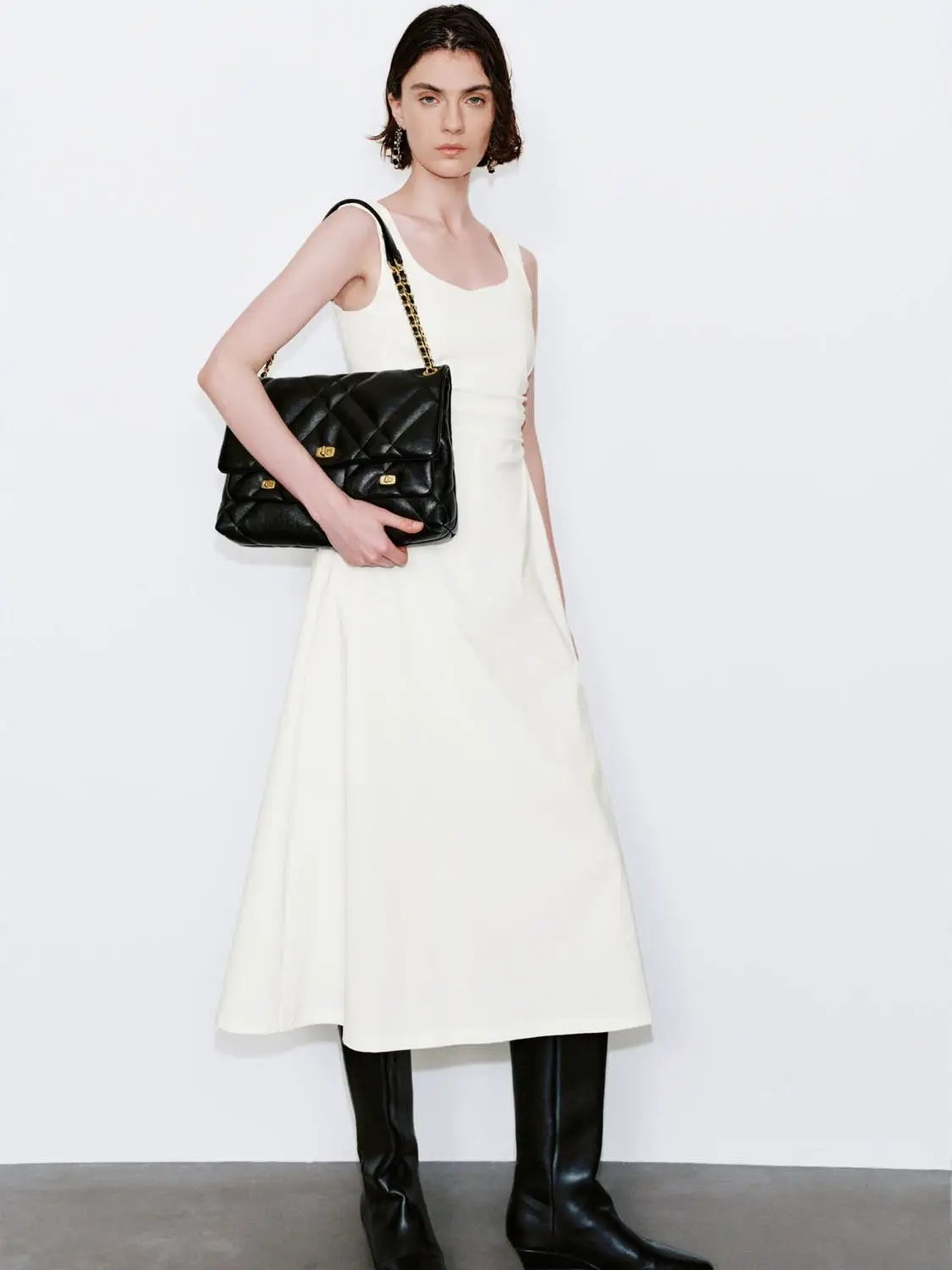 U-Neck Ruched Waist A-Line Midi Dresses by Urban Revivo Fashion