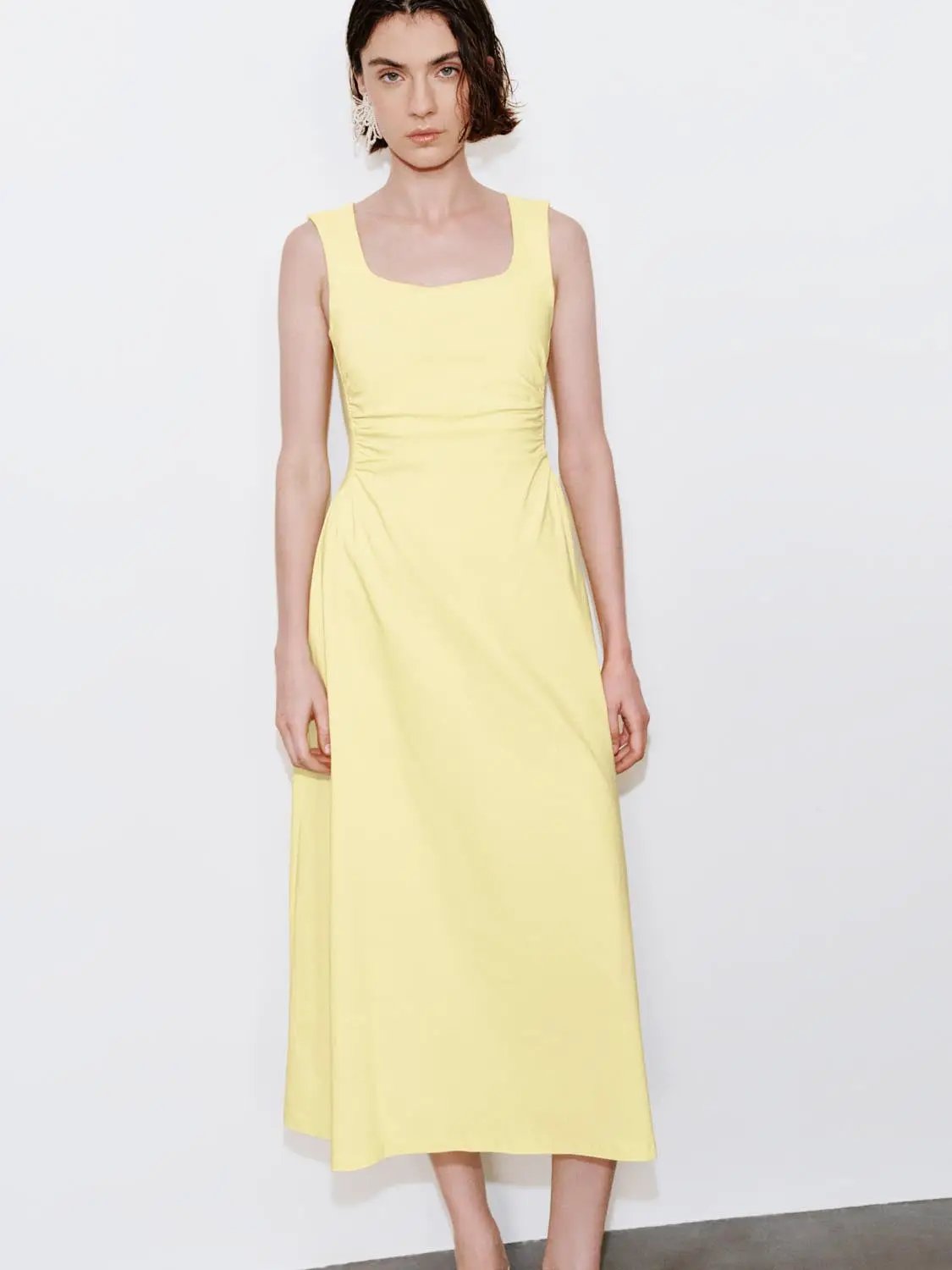 U-Neck Ruched Waist A-Line Midi Dresses by Urban Revivo Fashion