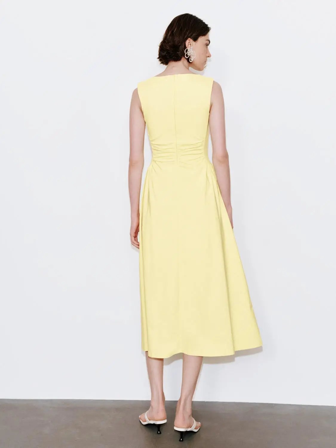 U-Neck Ruched Waist A-Line Midi Dresses by Urban Revivo Fashion