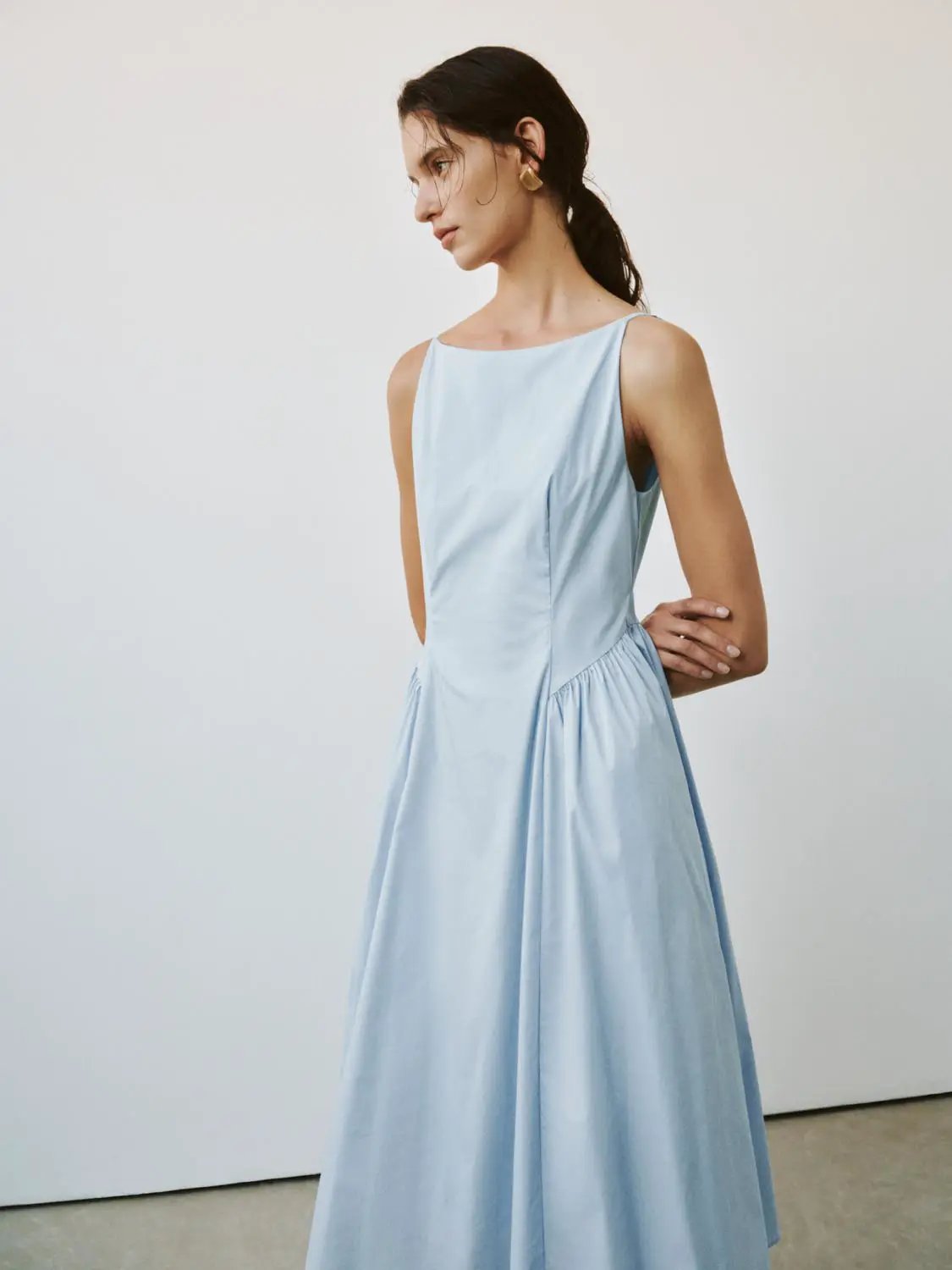 Square Neck Pleated Swing Cotton A-Line Midi Dress