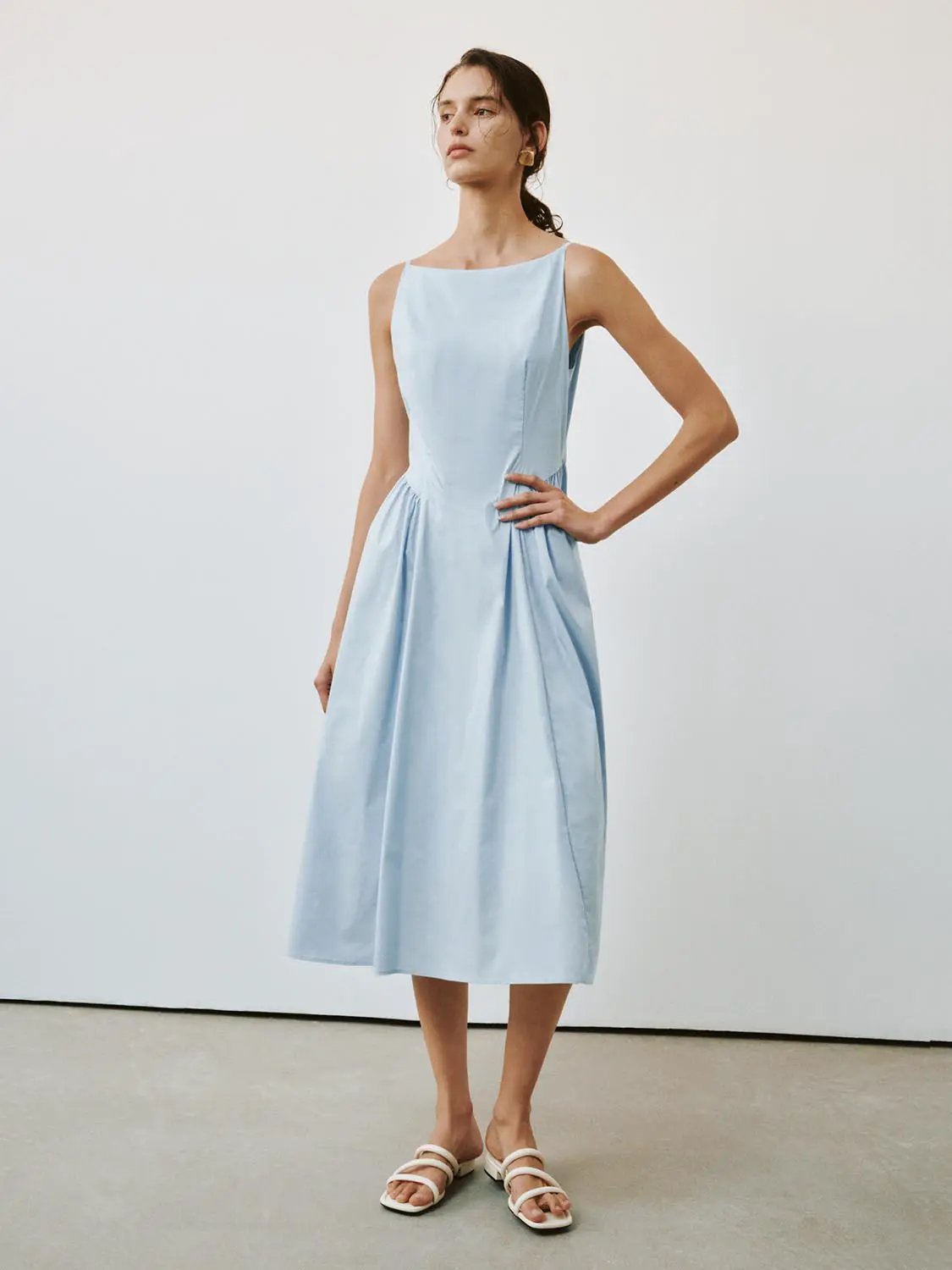 Square Neck Pleated Swing Cotton A-Line Midi Dress
