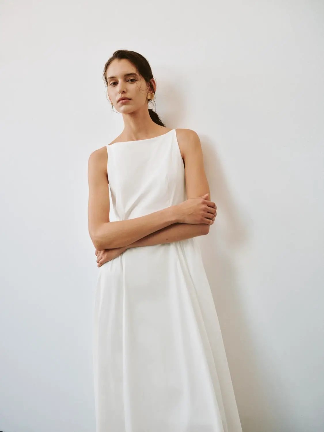 Square Neck Pleated Swing Cotton A-Line Midi Dress