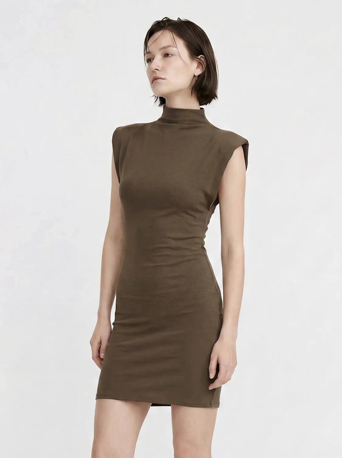 Structured Shoulders High-Neck Sleeveless Bodycon Dress in brown by Urban Revivo Fashion