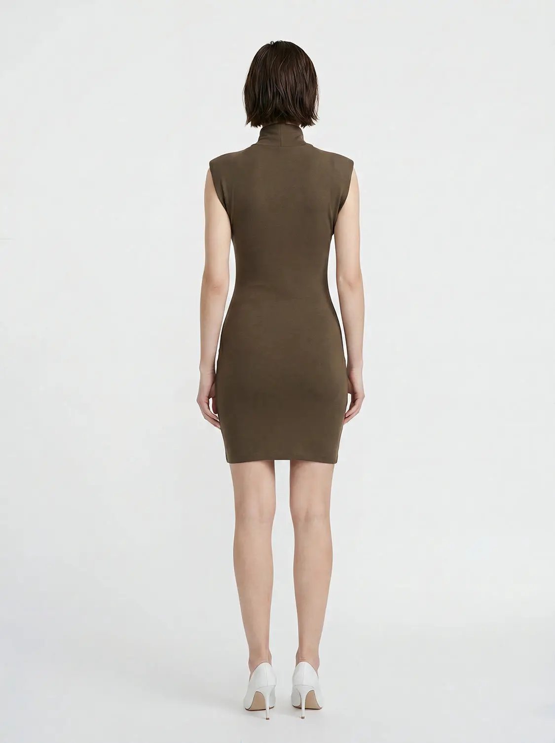 Structured shoulders high-neck sleeveless bodycon dress in brown, back view