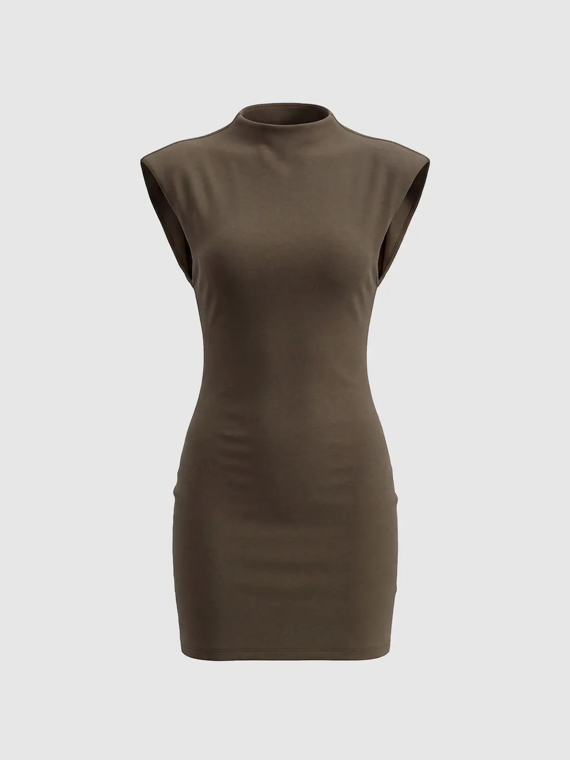 Structured shoulders high-neck sleeveless bodycon dress in taupe by Urban Revivo Fashion.