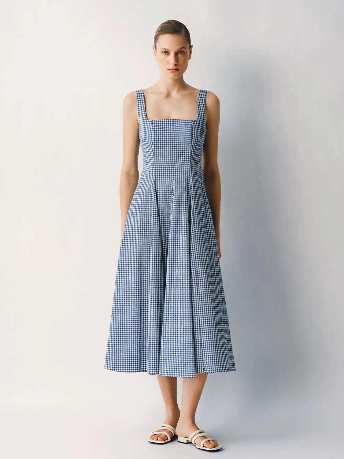 Cotton Gingham Textured Weave Strappy A-Line Maxi Dress in blue/white by Urban Revivo Fashion
