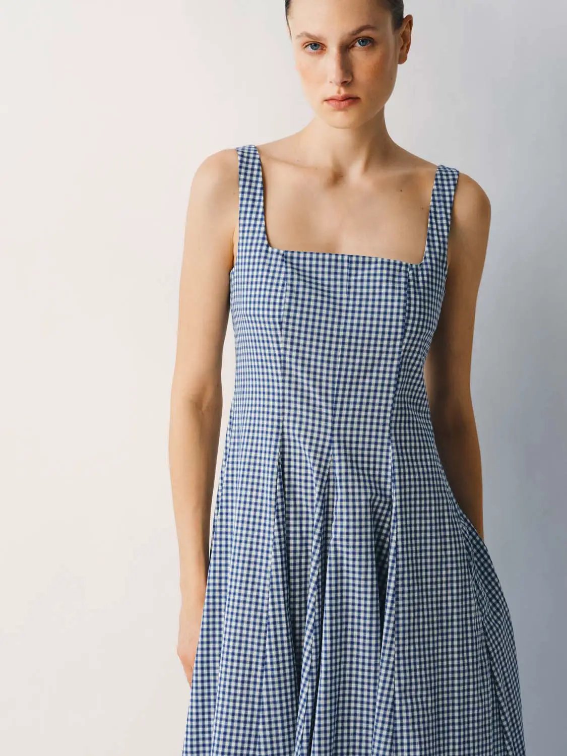 Cotton Gingham Textured Weave Strappy A-Line Maxi Dress, blue and white check, Urban Revivo Fashion