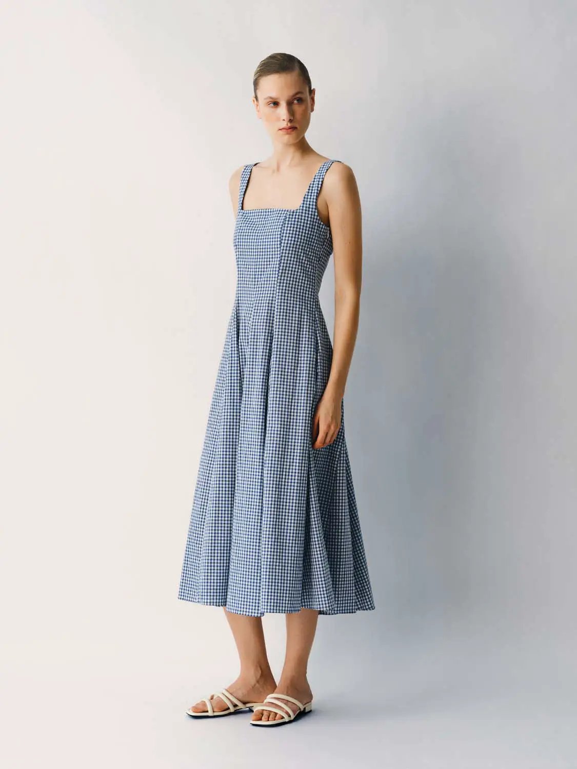 Cotton Gingham Textured Weave Strappy A-Line Maxi Dress in blue gingham