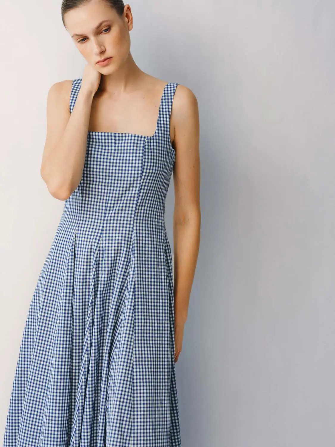 Cotton gingham textured weave strappy A-line maxi dress in blue and white, worn by model