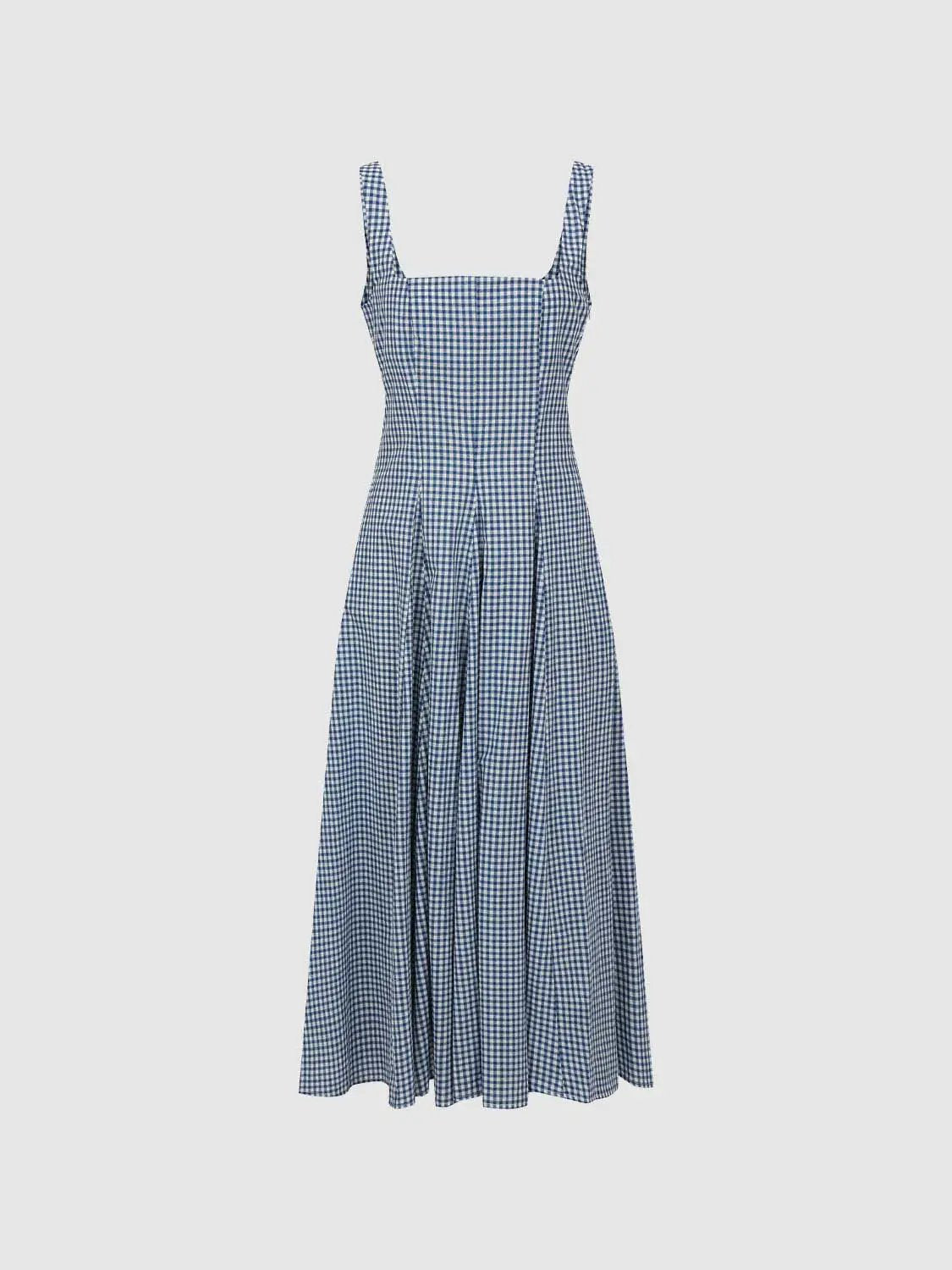Cotton gingham textured weave strappy A-line maxi dress in blue and white
