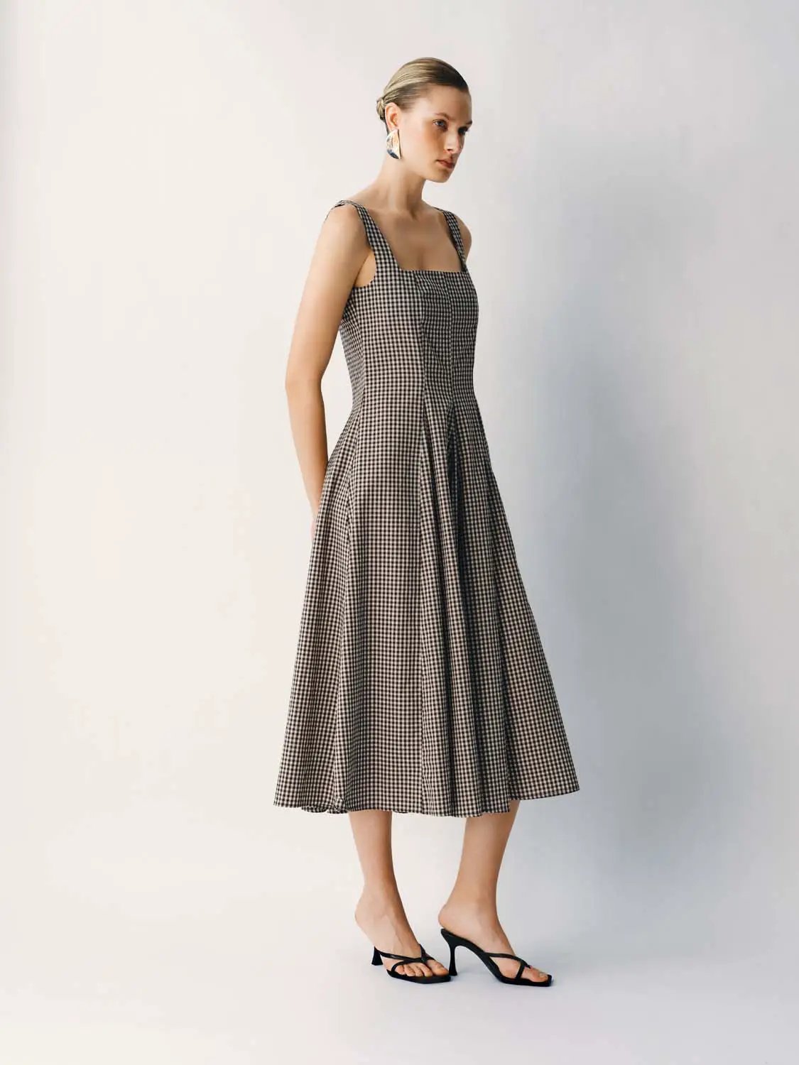 Cotton Gingham Textured Weave Strappy A-Line Maxi Dress in black and white