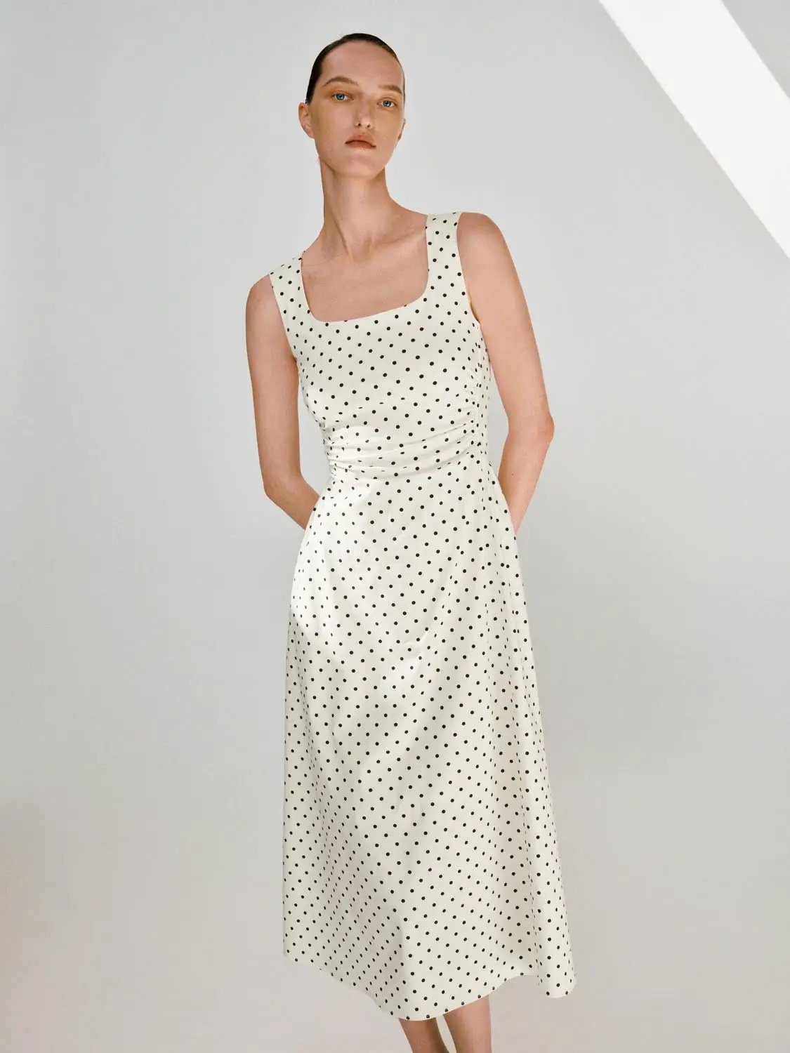 Urban Revivo Fashion ivory polka-dot knit sleeveless A-line dress with black dots