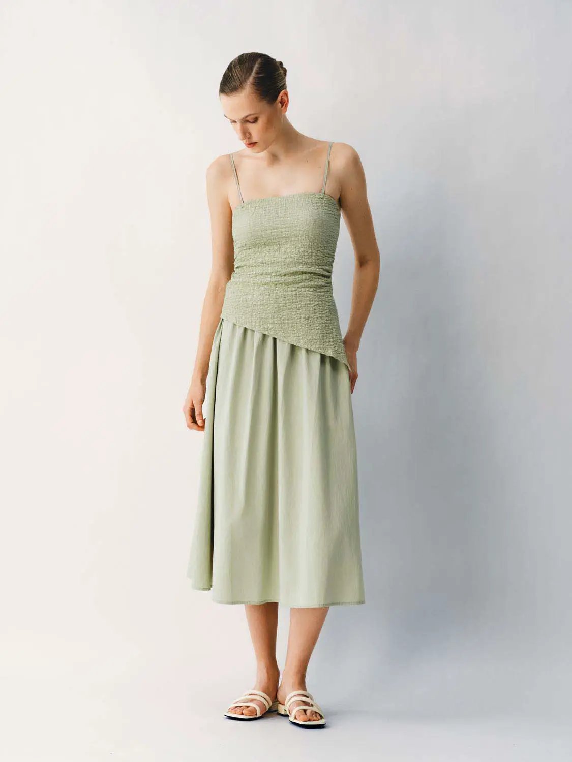 Thin Stretch Fabric Strappy A-Line Midi Dress in sage green with smocked bodice and spaghetti straps