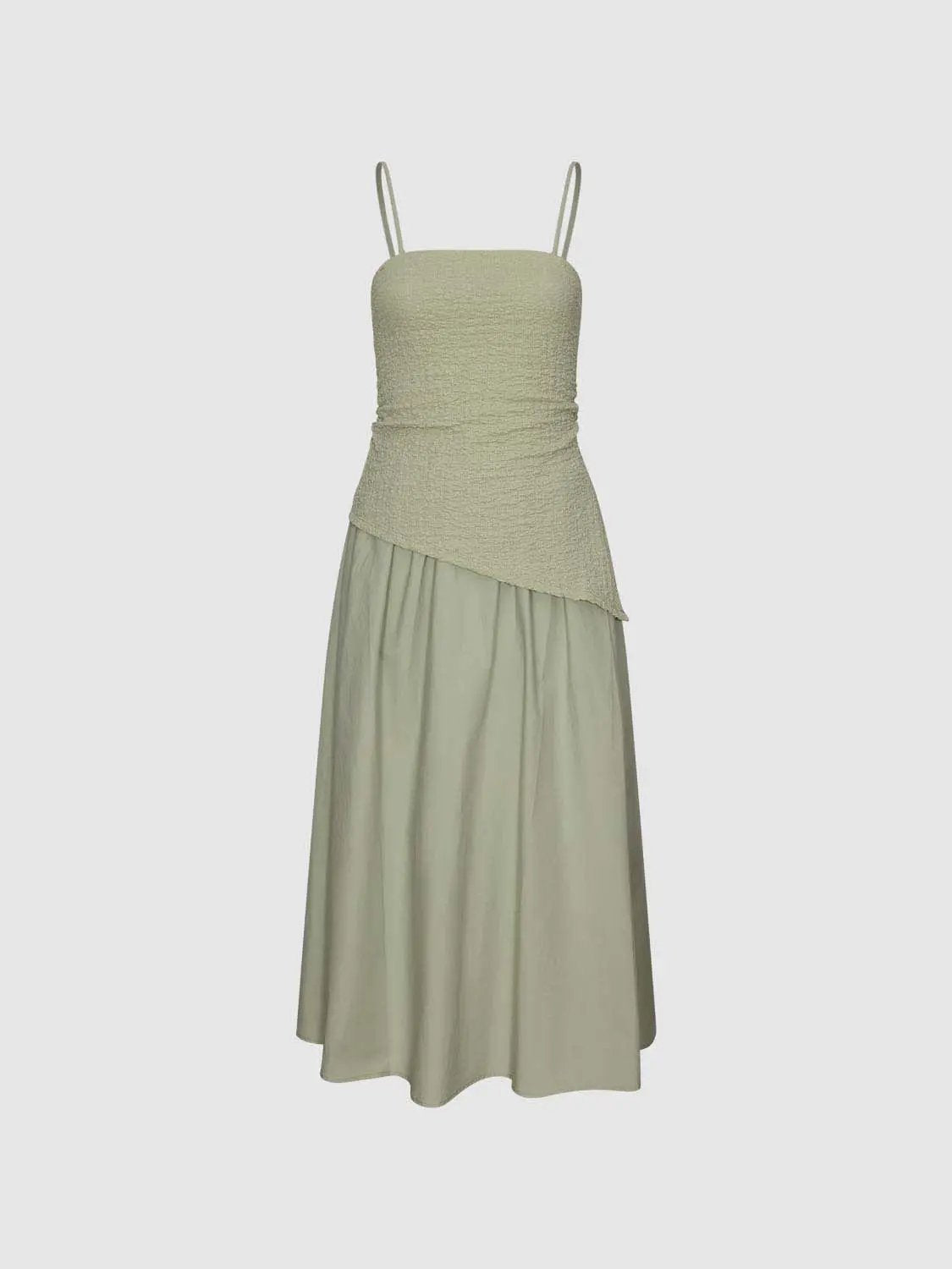 Thin stretch fabric strappy A-line midi dress by Urban Revivo Fashion, beige with smocked bodice and wrap skirt.