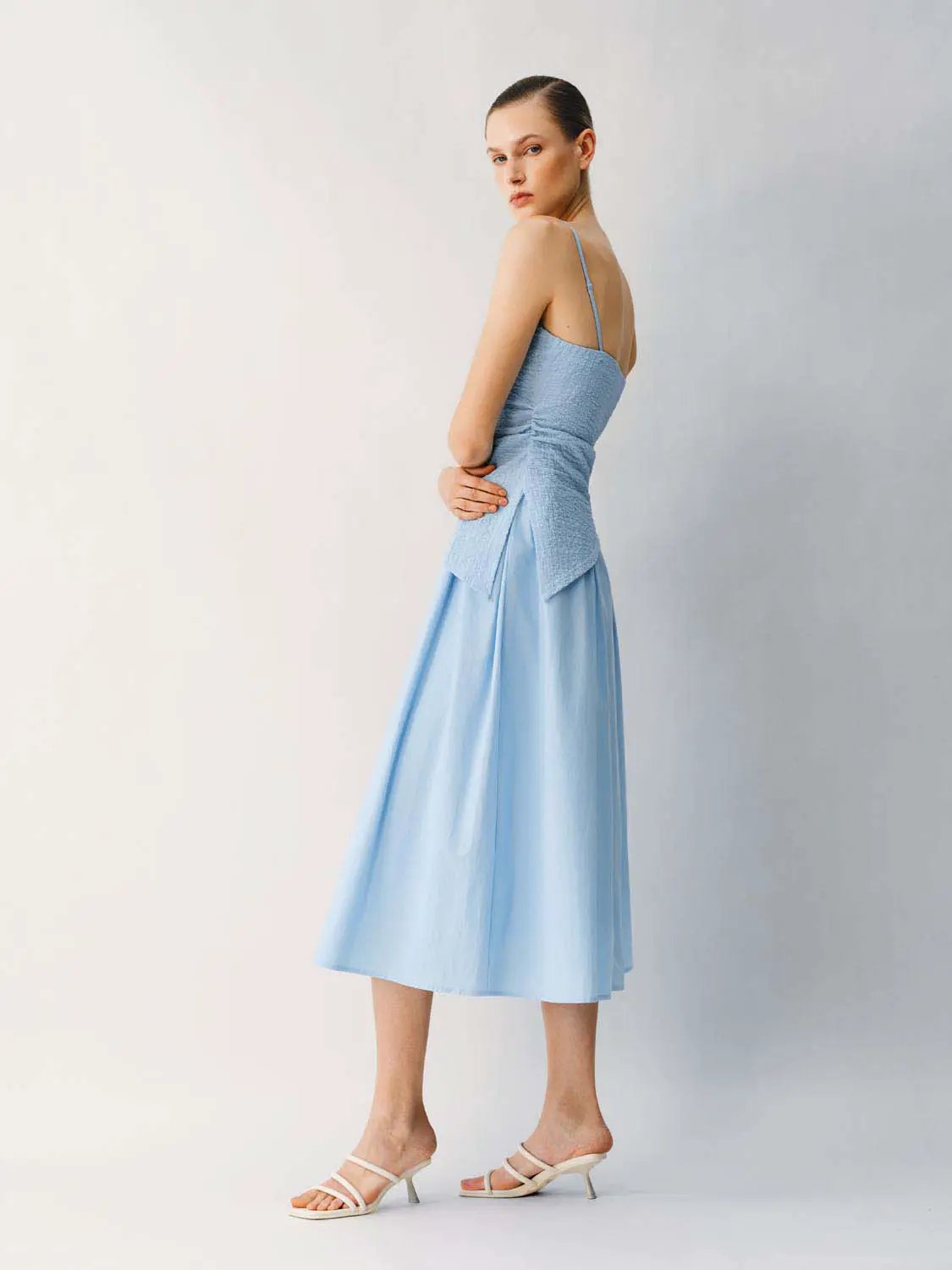 Thin Stretch Fabric Strappy A-Line Midi Dress in light blue with waist wrap detail.