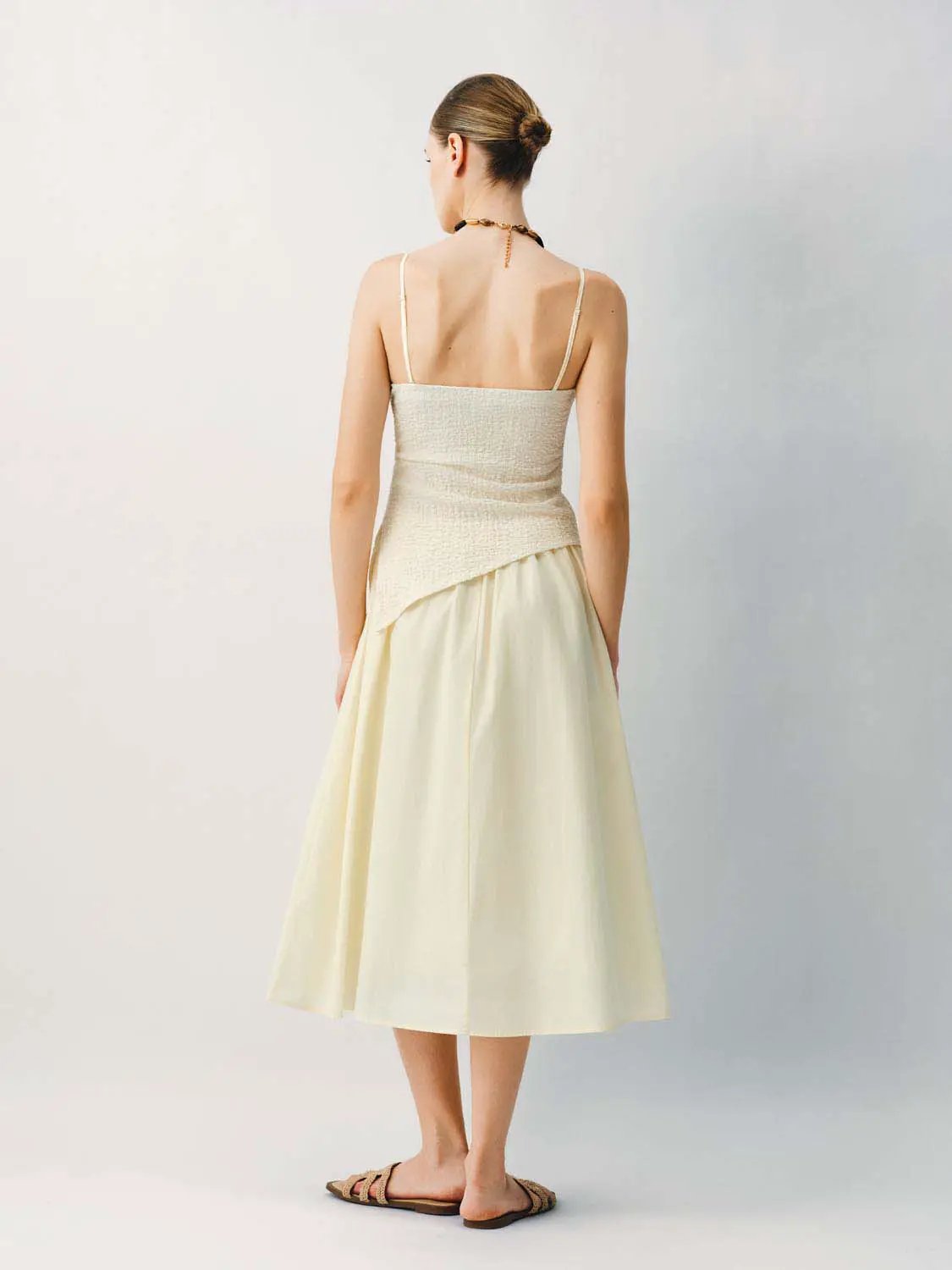 Thin Stretch Fabric Strappy A-Line Midi Dress in cream by Urban Revivo Fashion.