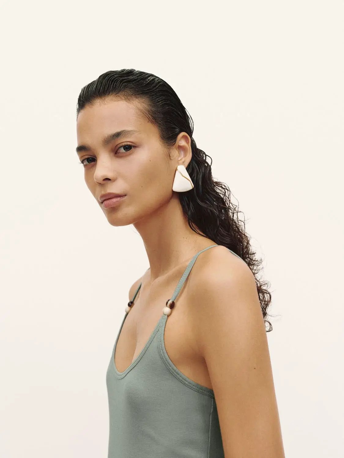 Dress, sage green A-line spaghetti-strap with beaded strap accents