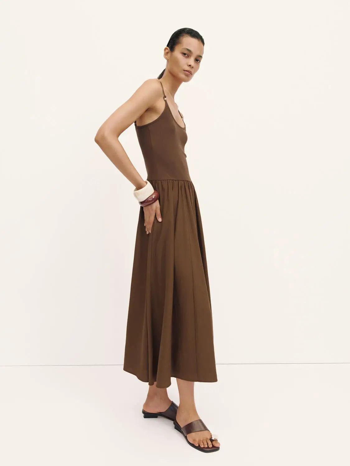 A-Line dress, brown midi-length with spaghetti straps