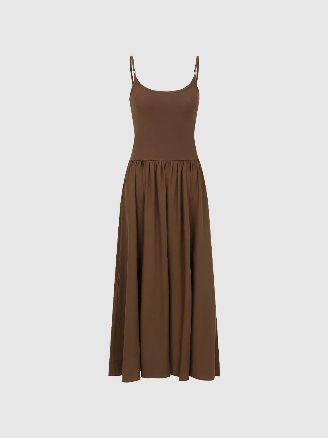 Brown spaghetti-strap A-line dress with fitted bodice and full, floor-length skirt