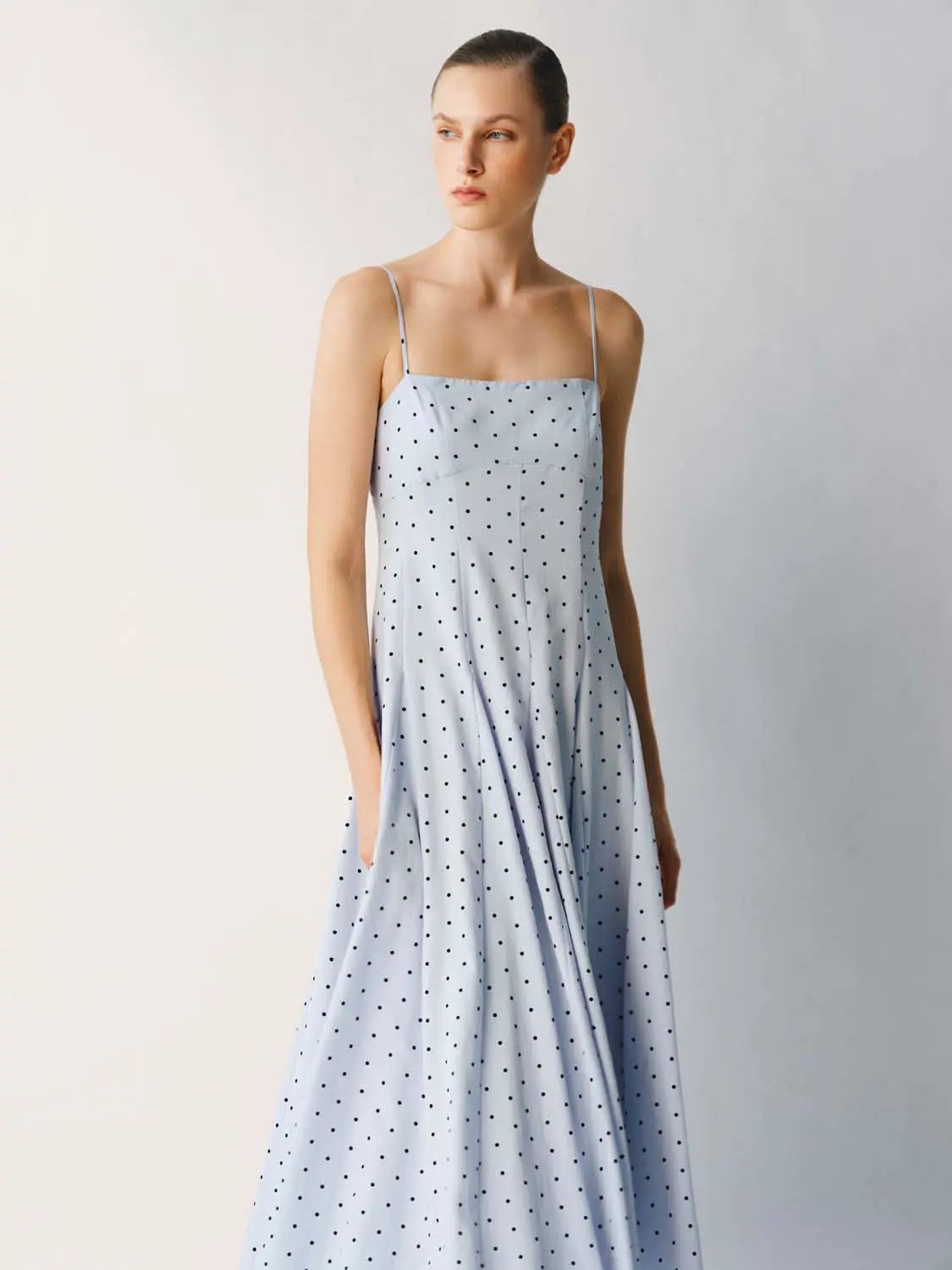 Polka Dot A-line Dress by Urban Revivo Fashion, light blue with thin spaghetti straps.