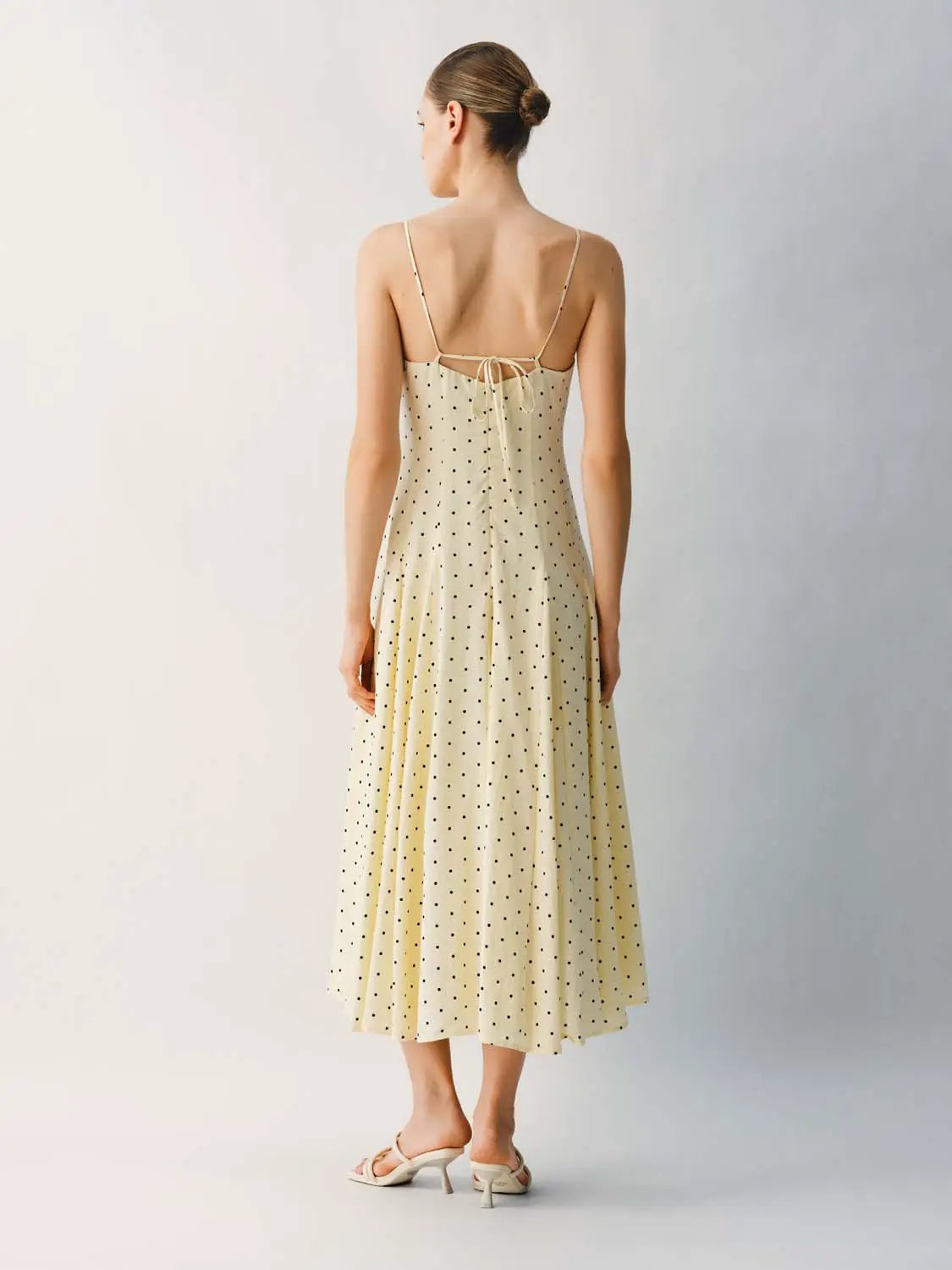 Polka Dot A-Line Dress, cream with black dots, spaghetti straps and back tie