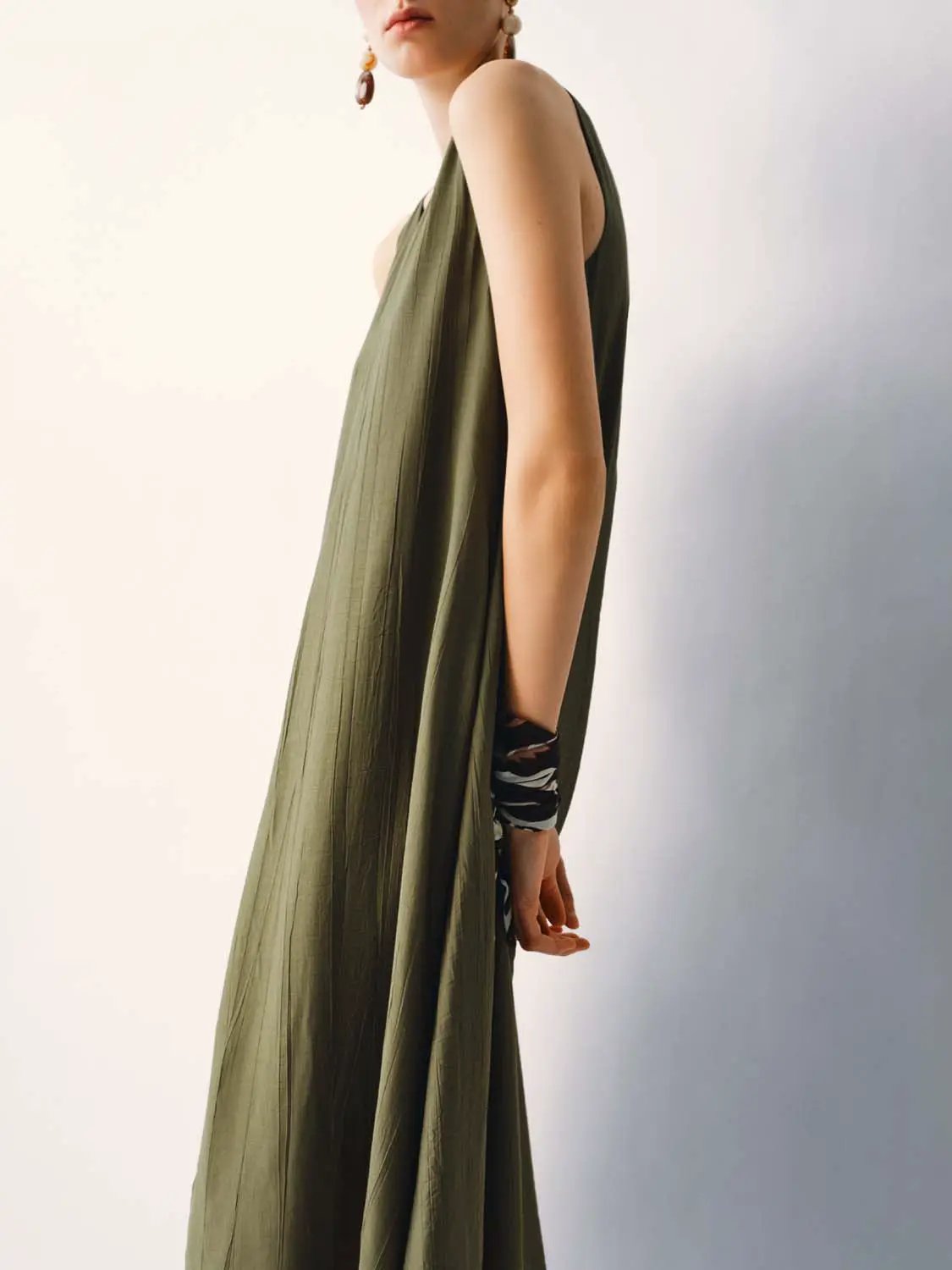 Slight Stretch A-Line Dress in olive green lightweight fabric