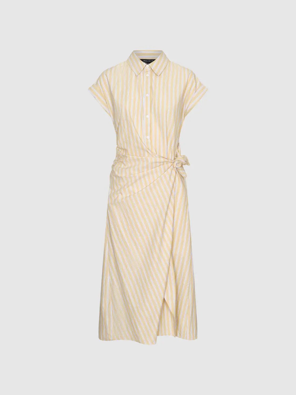 A-Line Dress by Urban Revivo Fashion, yellow striped wrap with waist tie and button-front collar