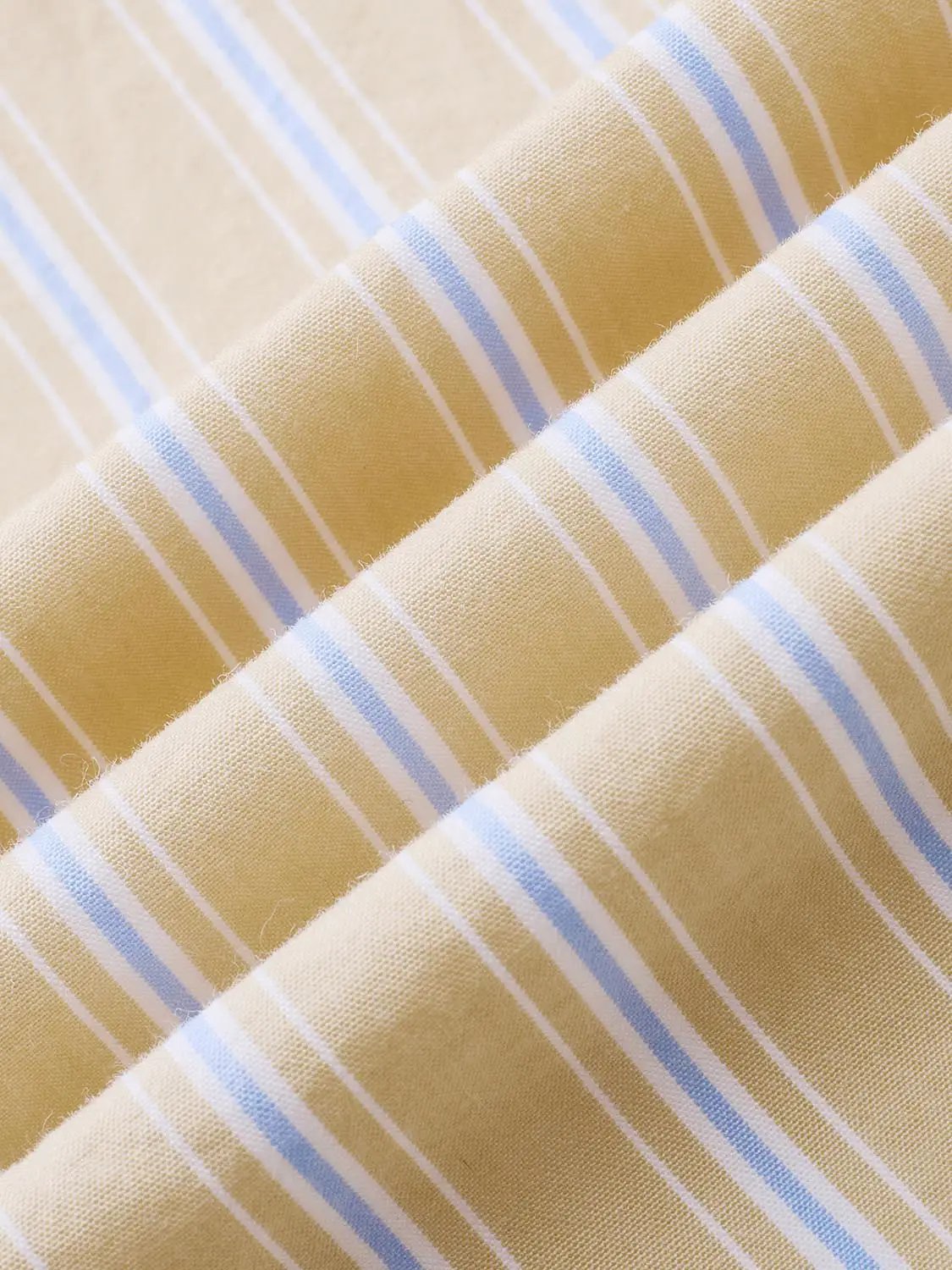 A-Line Dress fabric close-up: yellow with white and light-blue stripes.