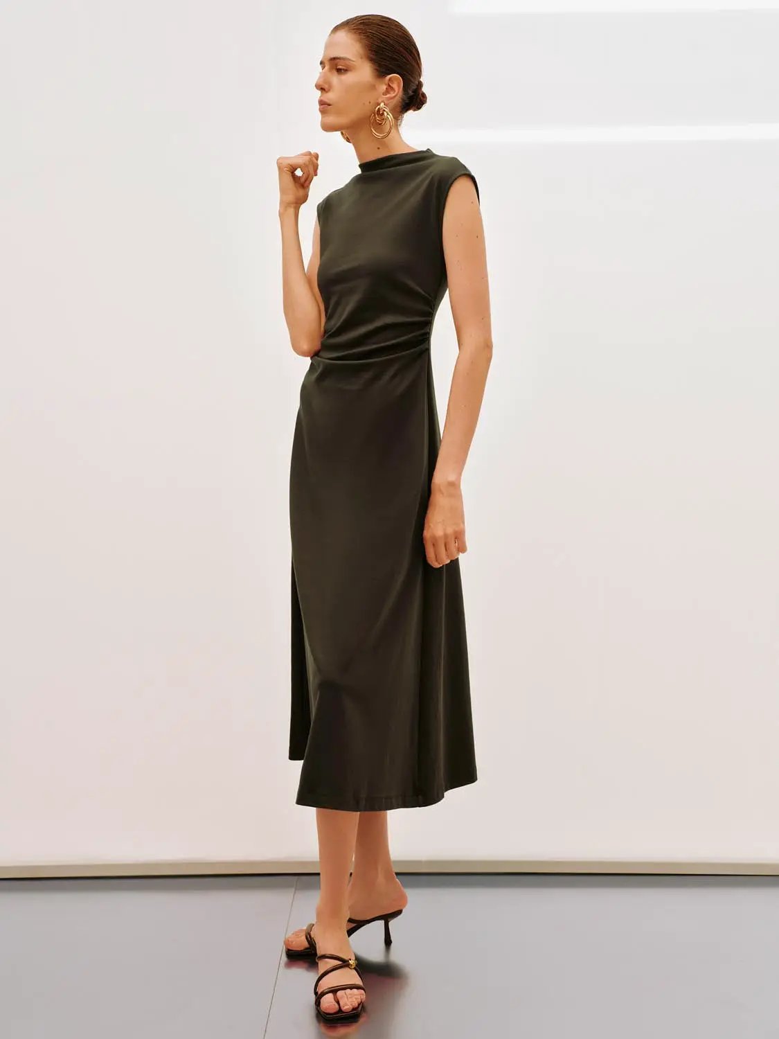 A-Line dress in dark olive green, sleeveless midi with draped ruched waist