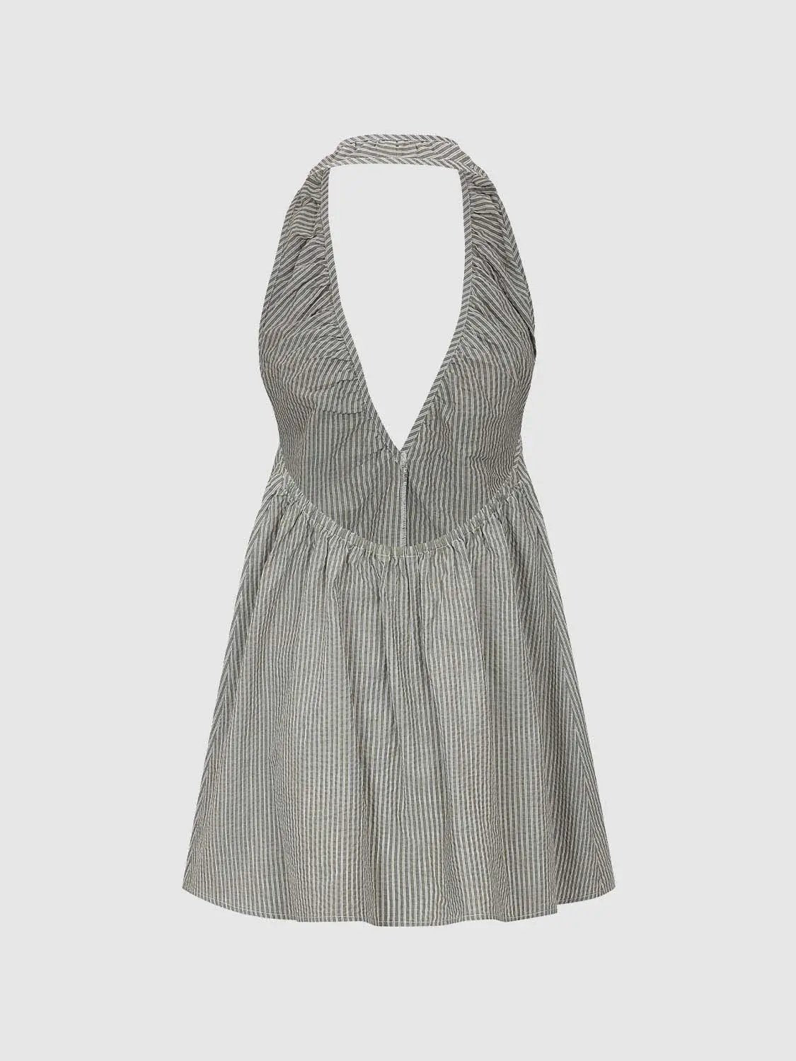 A-line striped halter-neck dress in gray and white with a gathered skirt