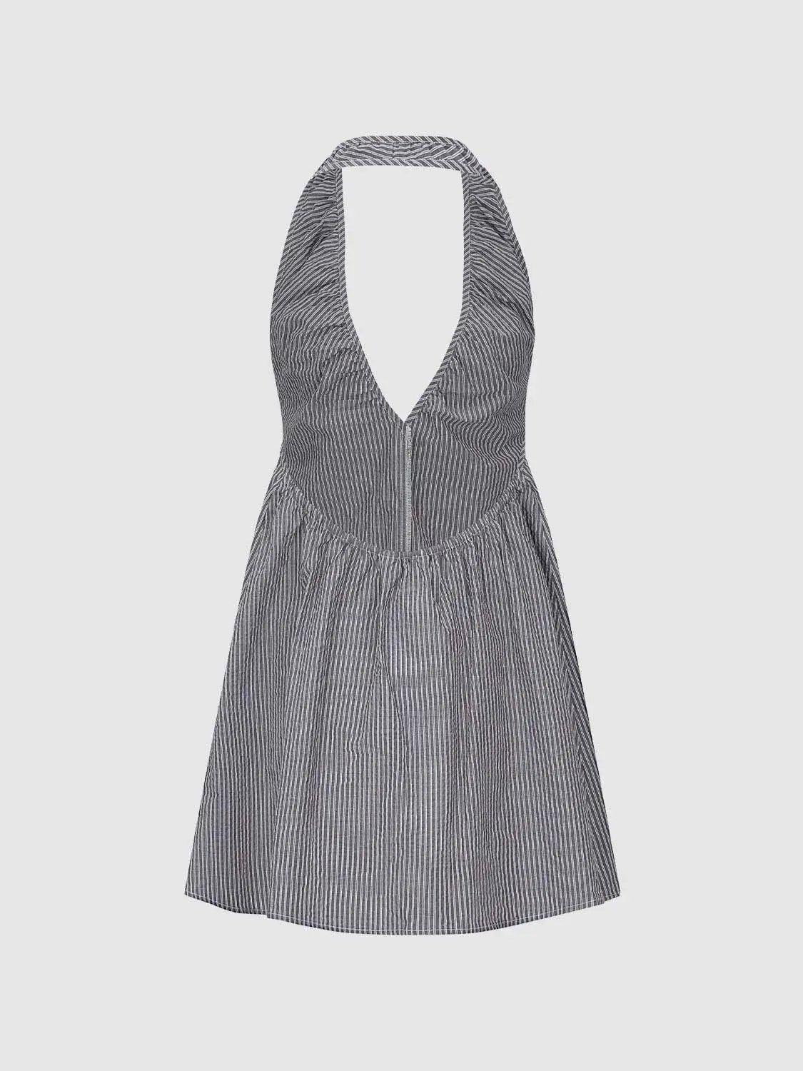 A-Line dress with navy white pinstripes, halter neckline, by Urban Revivo Fashion