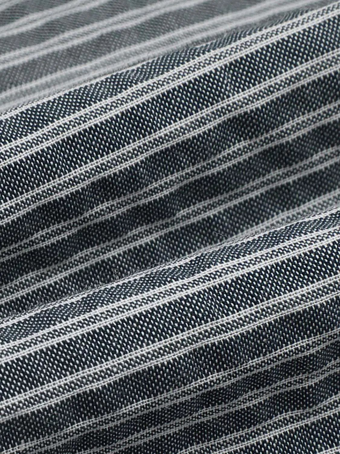 A-Line dress in blue striped denim with white stitching