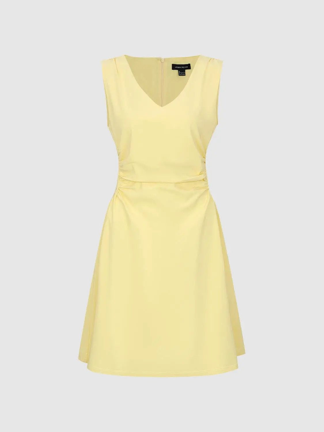A-line dress yellow by Urban Revivo with V-neck and side ruching, knee-length