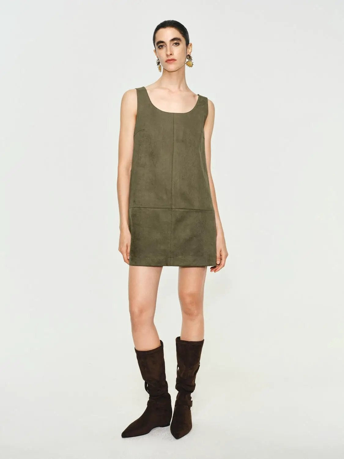 Panelled Straight Hem A-Line Sleeveless Mini Dress in olive green.