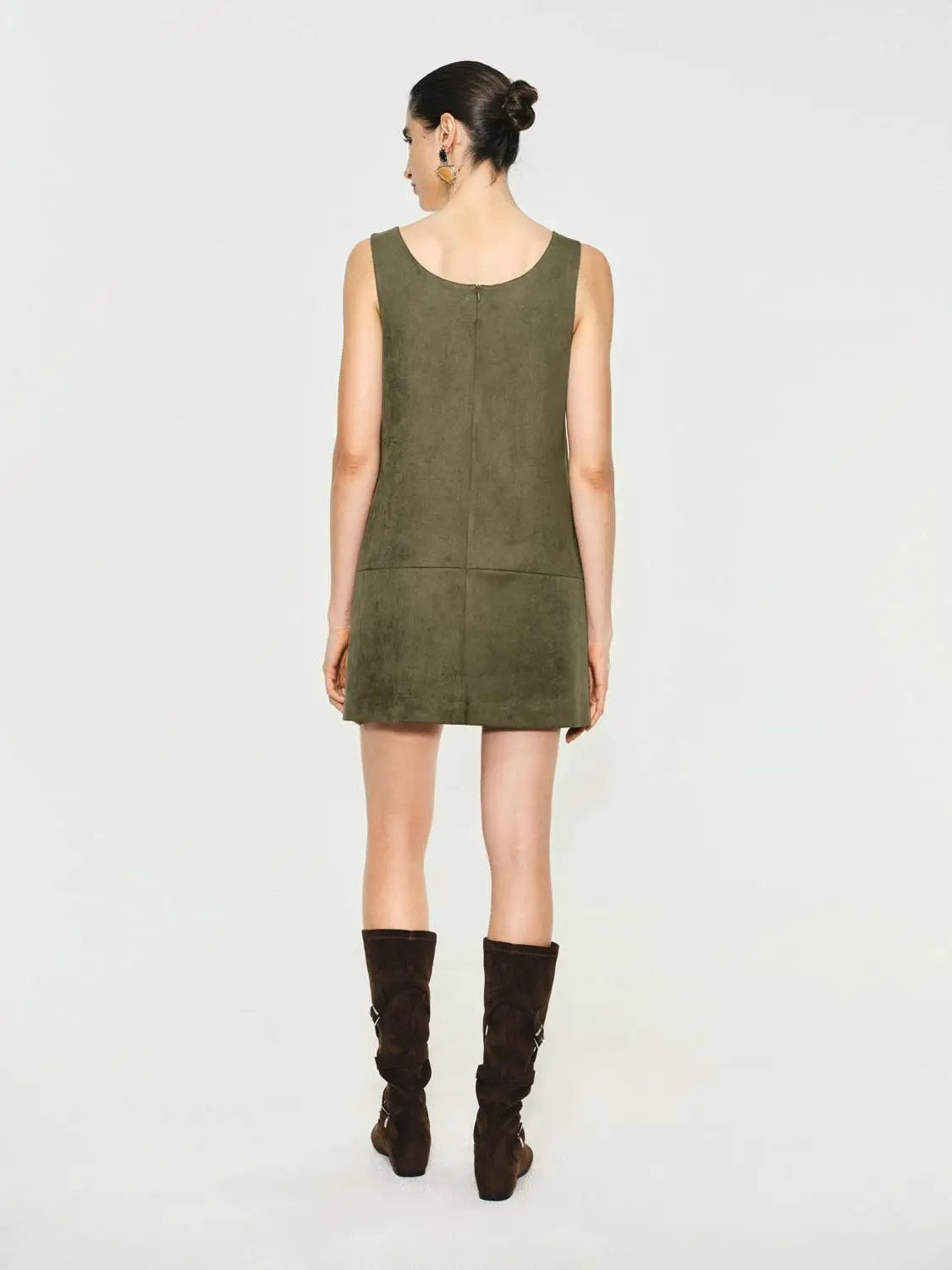 Panelled straight-hem A-line sleeveless mini dress in olive suede-like fabric, back view.