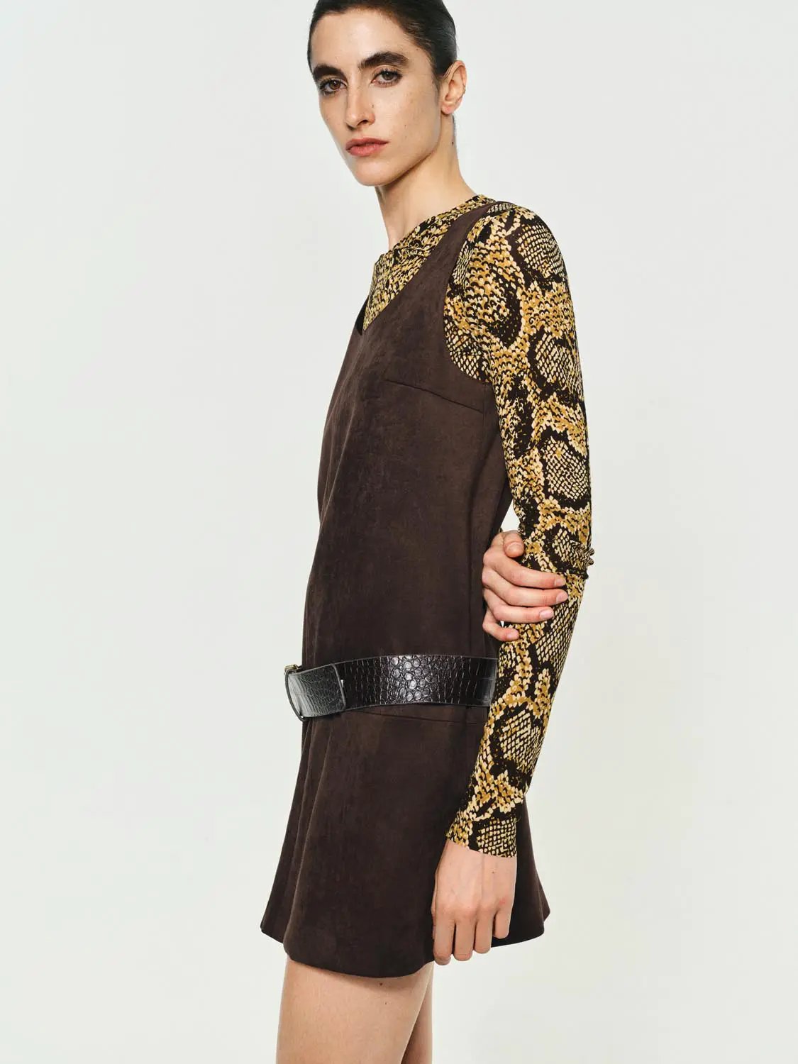 Panelled Straight Hem A-Line Sleeveless Mini Dress in brown suede with snake-print sleeves and a black textured belt
