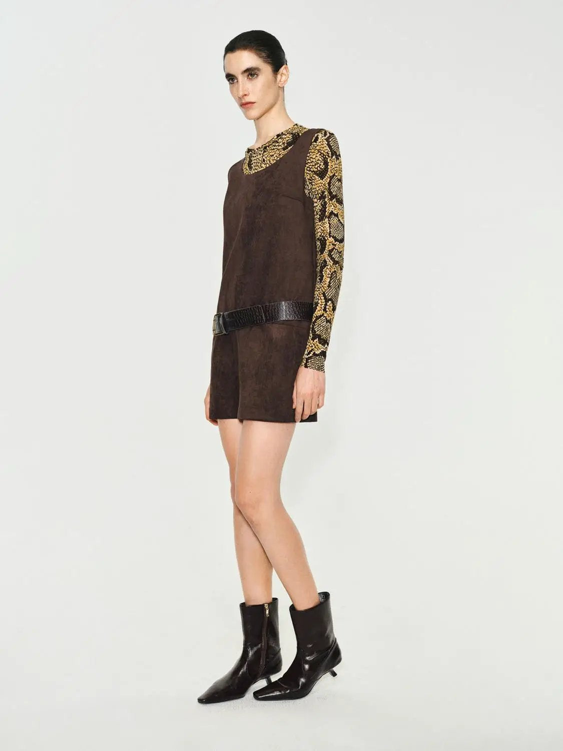 Panelled Straight Hem A-Line Sleeveless Mini Dress in brown with belt