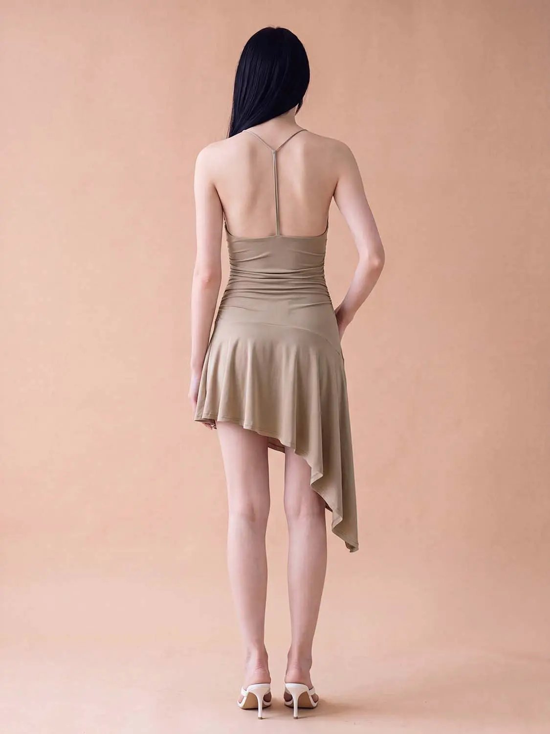 Urban Revivo A-Line Dress; taupe halter-back, ruched waist, asymmetrical high-low hem