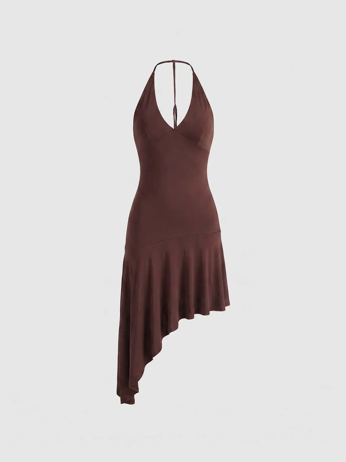 A-line dress in brown satin with halter neckline and asymmetric hem, Urban Revivo Fashion