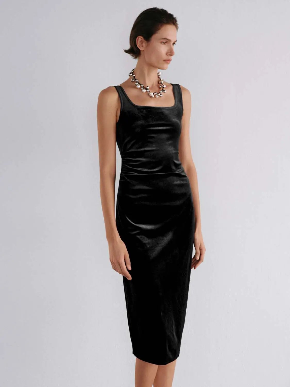 Ruched straight square-neck sleeveless midi dress in black satin