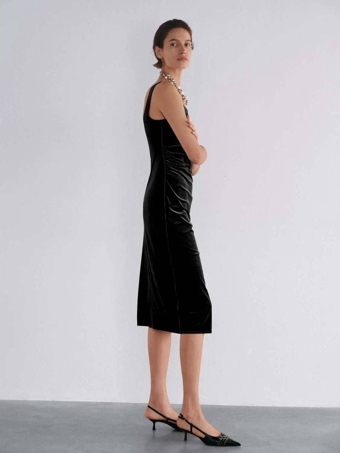 Ruched Straight Square Neck Sleeveless Midi Dress in black velvet.