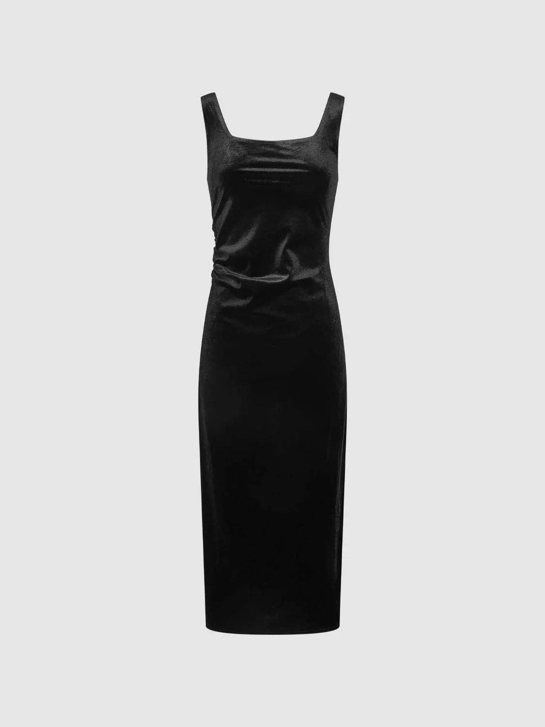 Ruched straight square-neck sleeveless black velvet midi dress