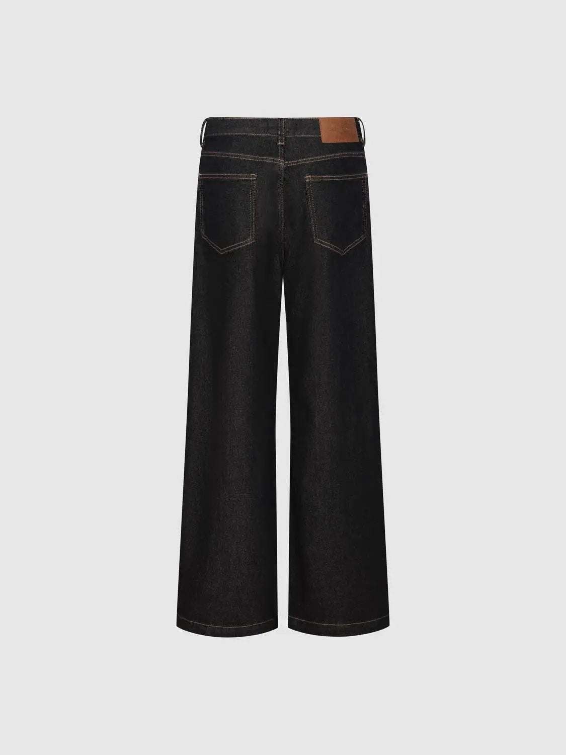 Urban Revivo Fashion high-waist cotton wide-leg jeans in dark denim with contrast orange stitching, back view